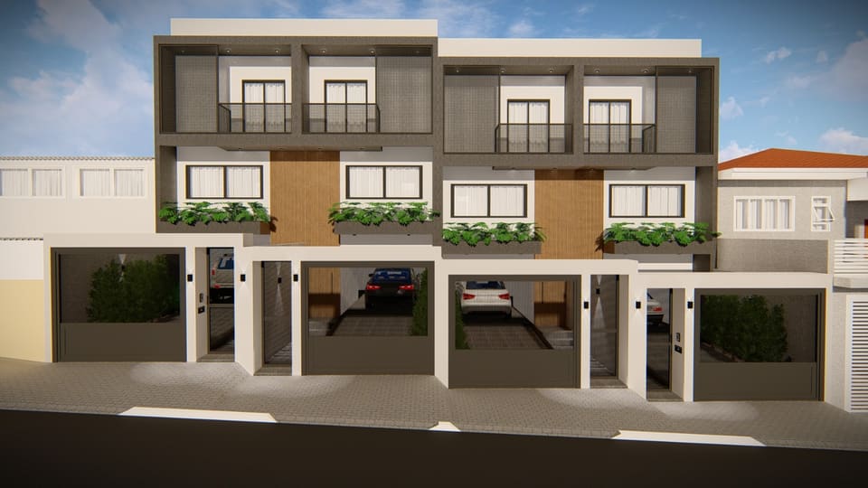 Fachada de quatro sobrados geminados, com varandas, painéis de madeira, jardineiras e garagens fechadas por portões escuros