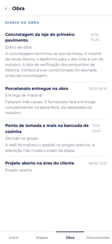 Diário da obra, com os registros de concretagem, entrega de material e decisões tomadas